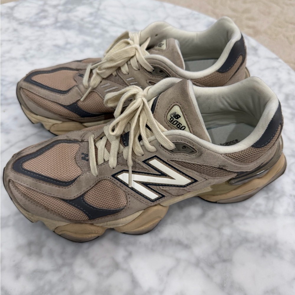 New Balance 9060 Taupe and Navy Athletic Sneakers